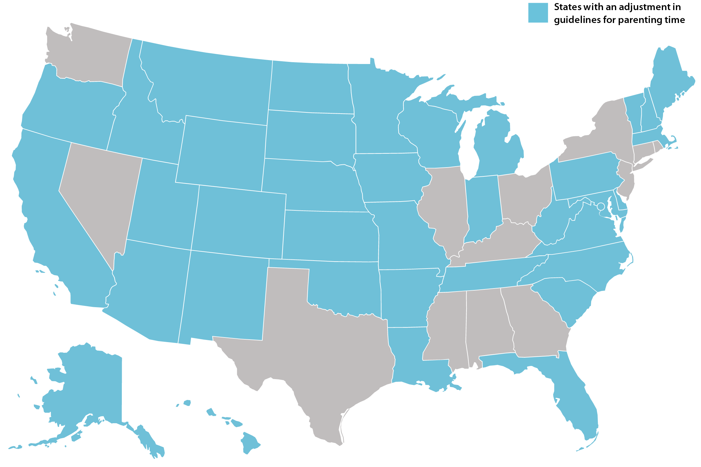 This exhibit is a map of the United States with different states shaded in one of two colors. States with an adjustment in guidelines for parenting time: Alaska, Arizona, California, Colorado, Delaware, District of Columbia, Florida, Hawaii, Idaho, Indiana, Iowa, Kansas, Louisiana, Maine, Maryland, Massachusetts, Michigan, Minnesota, Missouri, Montana, Nebraska, New Hampshire, New Mexico, North Carolina, North Dakota, Oklahoma, Oregon, Pennsylvania, South Carolina, South Dakota, Tennessee, Utah, Vermont, Virginia, West Virginia, Wisconsin, Wyoming. 